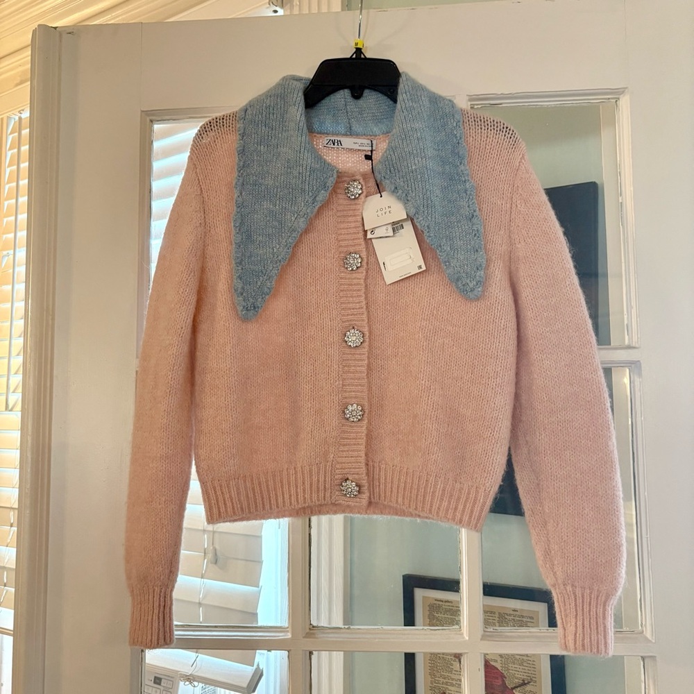 NWT Zara Pink & Blue Collared Jewel Button Cardigan Sweater Size Large